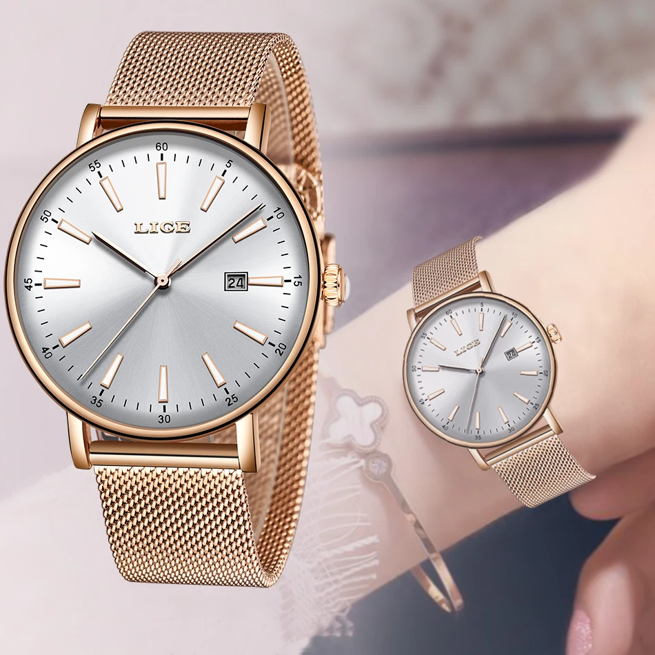 

LIGE New Rose Gold Mesh Stainless Steel Dail Watches Women Top Brand Luxury Casual Clock Ladies Wrist Watch Relogio Feminino