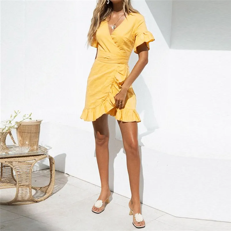 HOT sell Fashion summer dress beach dress Women casual V-Neckline Dress Solid Short Sleeve Irregular dress vestidos Y12#N (7)