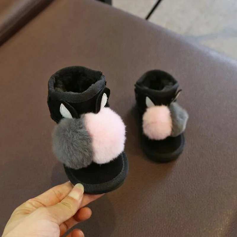 Online Genuine Leather Baby Snow Boots Girls Plus Velvet Thick Winter Boots Rex Rabbit Fur ball Decoration Children Boots