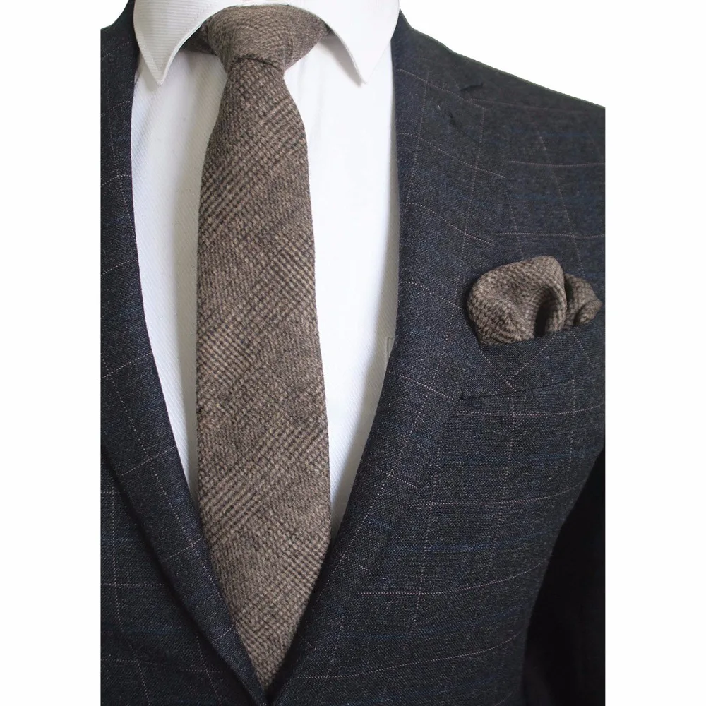 8cm Wool Necktie Solid Plaid Tie For Men Quality Cashmere Tie and Handkerchief Cravats Set Suit For Wedding Party