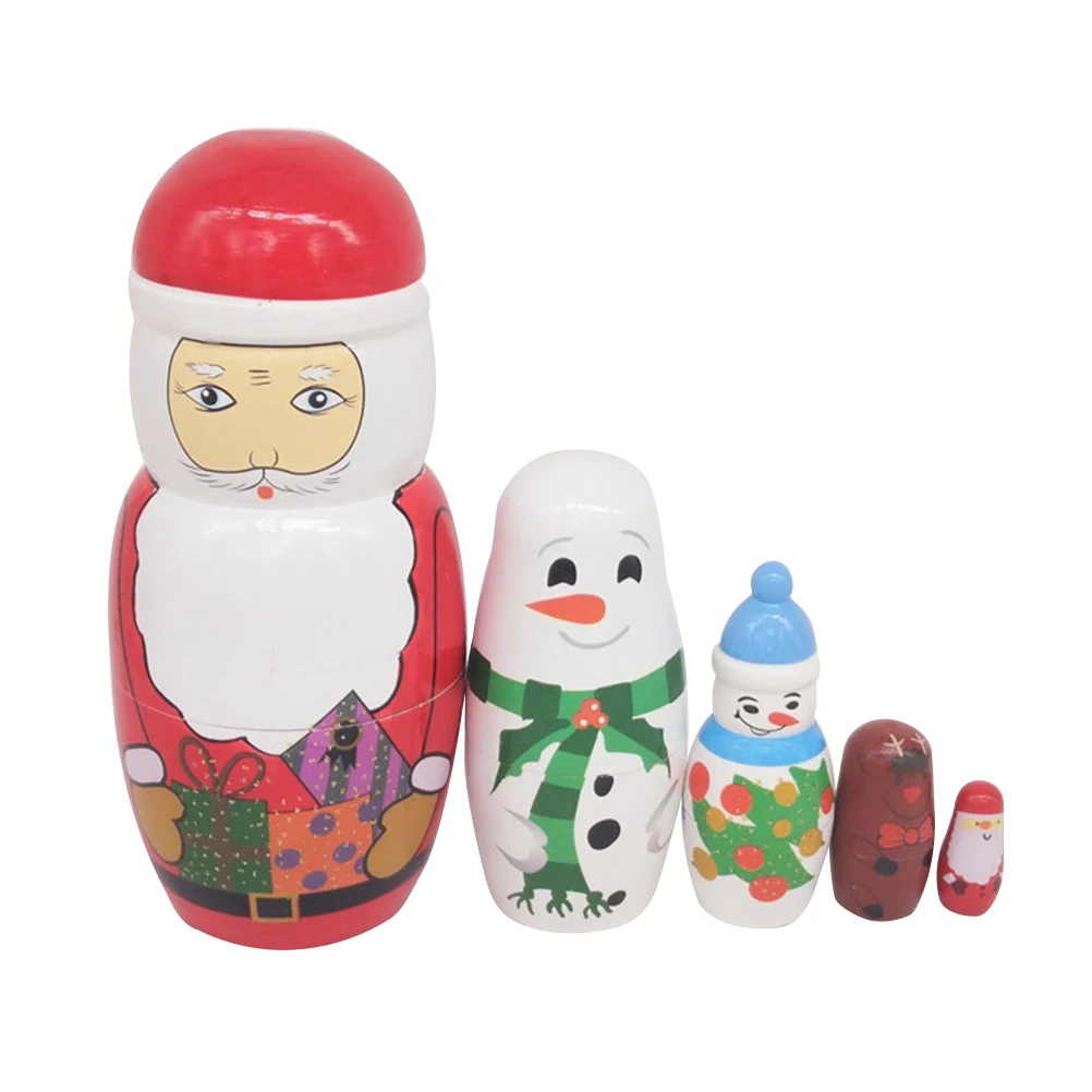 5 Pcs Santa Clause Printed Wooden Superposed Adorable Home Puzzles Decor Russian Stacking Toys Cartoon Colorful Collection | Дом и сад