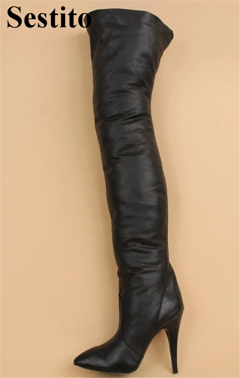 

European Sexy PU Black Thigh High Boots Pointed Toe Thin Heels Over-the-Knee Boots For Women Slip-on Women Shoes Spring/Autumn