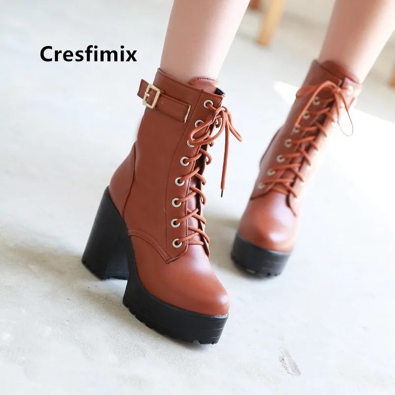 

Women Fashion Black Pu Leather Waterproof Platform Boots Female Comfortable Brown Autumn & Winter Boots Bottes Femmes E6017