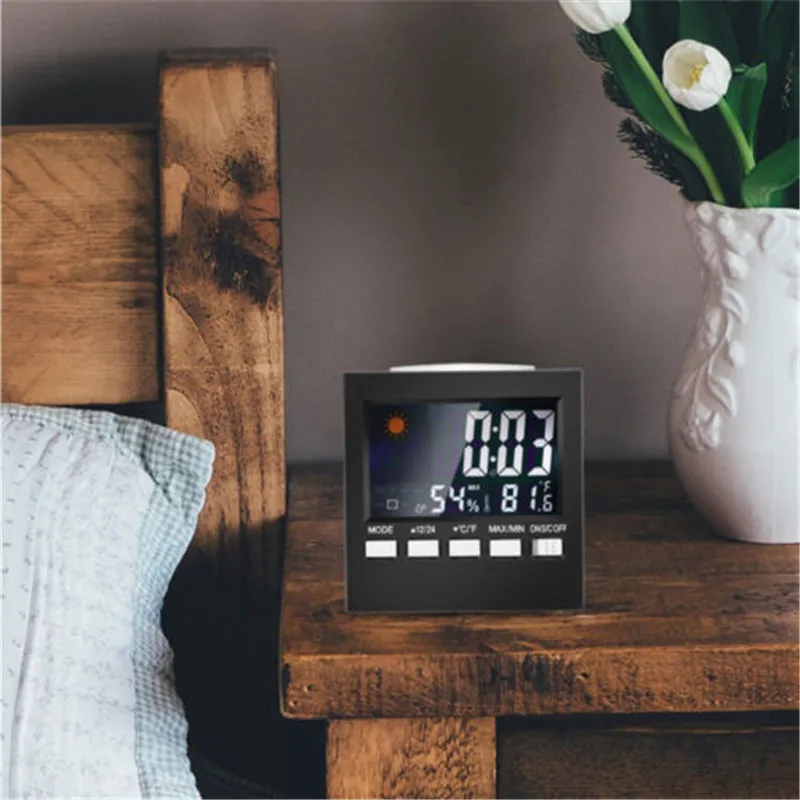 Цифровой Дисплей термометр Влажность часы Красочные ЖК-дисплей сигнализации календарь погоды Мультифункциональный электронные часы узнать время