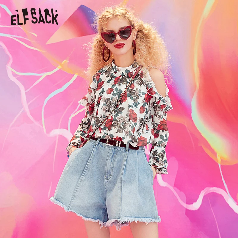 

ELF SACK Denim Vintage Light Blue Solid Women Shorts Fashion Mid Waist Simple 2019 New Arrival Cowboy Loose Casual Female Shorts