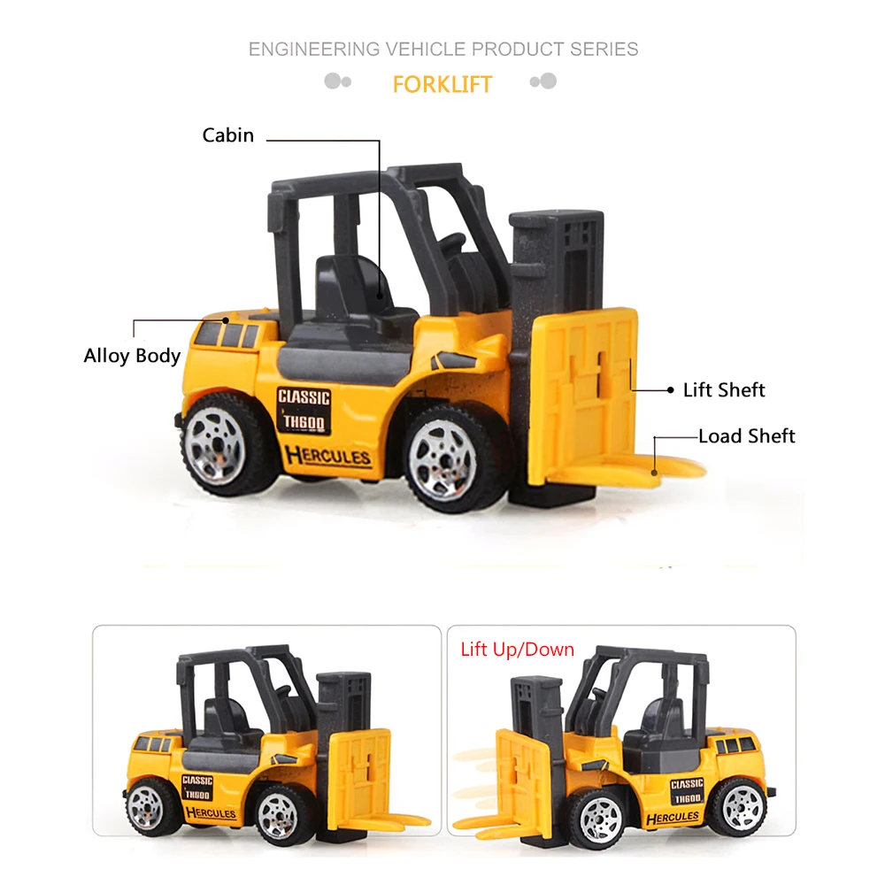 6 In 1 Alloy Die-Cast Construction Truck with a Forklift Bulldozer Road Roller Mixer Truck Dump Truck and Excavator Car