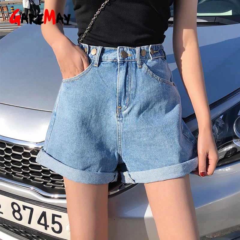 Garemay Women's Denim Shorts Classic Vintage High Waist Blue Wide Leg