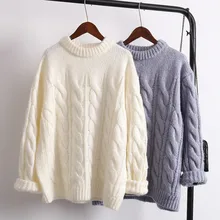 Зимний однотонный шерстяной свитер, пуловер для женщин, свободные толстые теплые базовые свитера с круглым вырезом, пуловеры