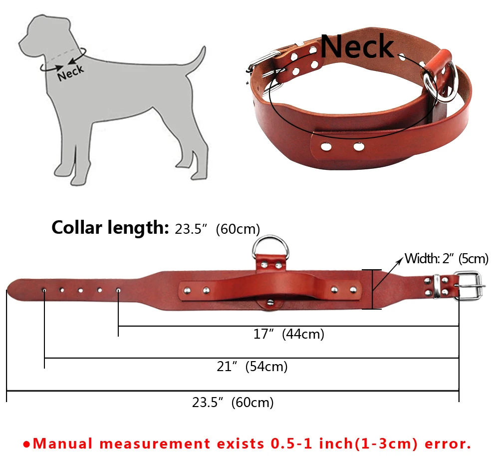 Сверхпрочные коричневые кожаные ошейники для дрессировки собак с ручкой для средних и больших собак Pitbull Doberman размер шеи 17-2" Регулируемый