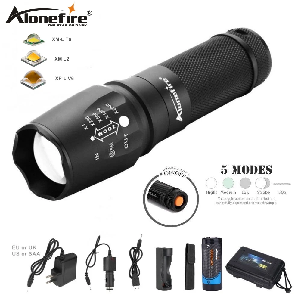 AloneFire Flash светильник X800 Cree XM-L T6 L2 U3 v6 светодиодный фонарь с зумом для рыбалки, путешествий, кемпинга, Точечный светильник фонарь AAA 18650 26650 батарея