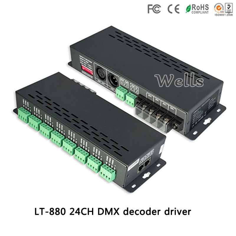 

LT-880;led 24CH DMX-PWM Constant voltage Decoder Controller ;DC5-24V 3A*24CH CV PMW output drive for RGB led lights lamp RJ45