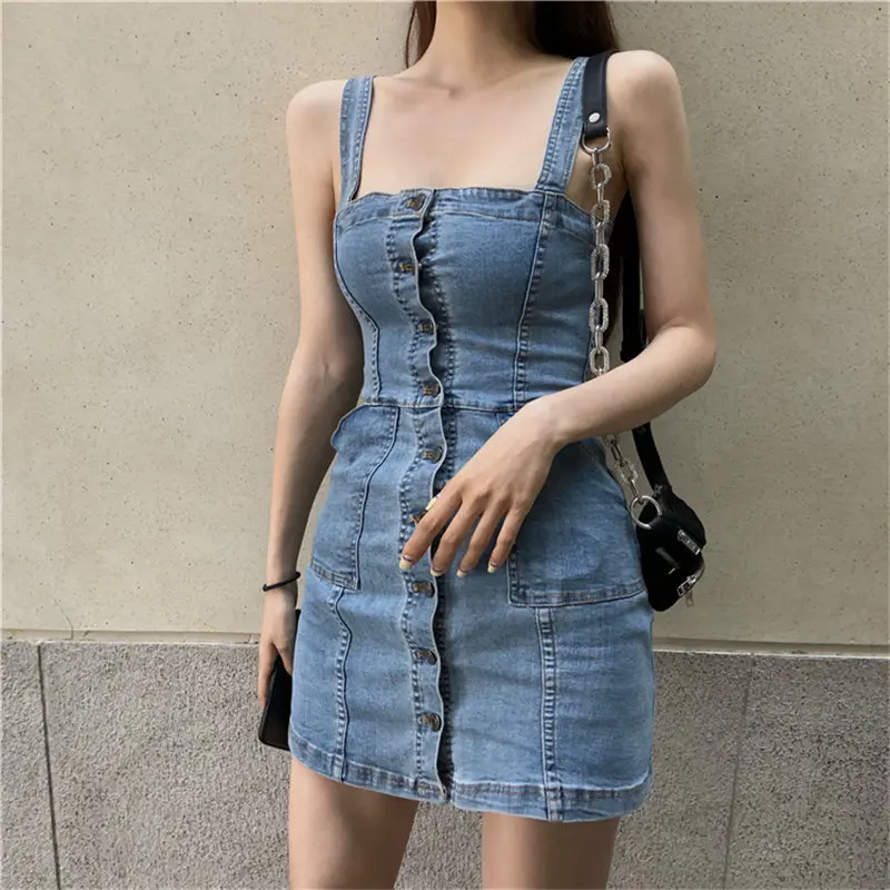 

HziriP New 2019 Hot Summer High Waist Vintage Simple Single Breasted Women Overalls Elegant Loose Ladies Blue Denim Mini Dress