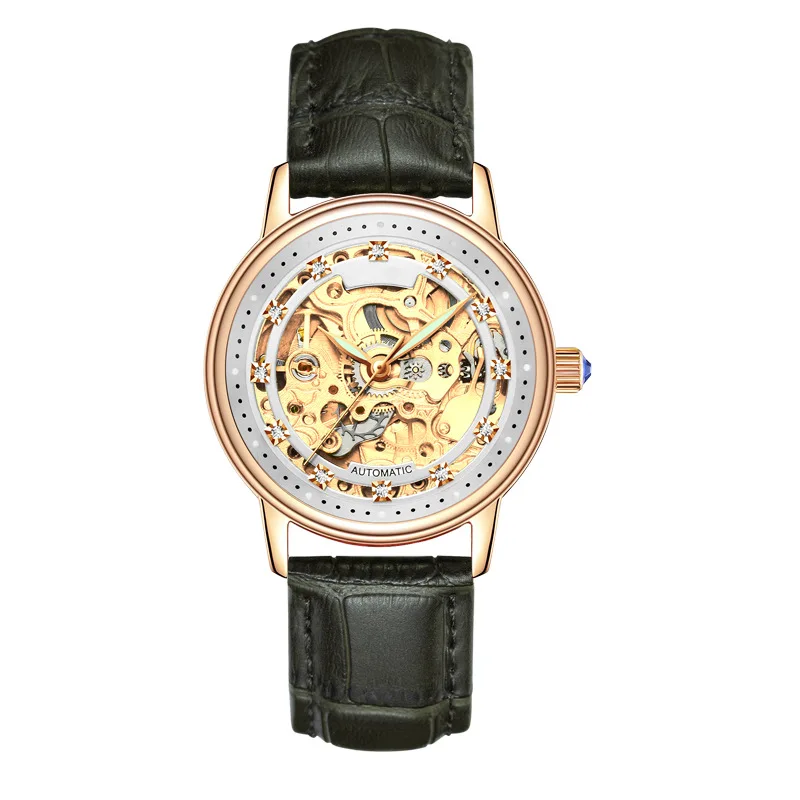 Роскошные модные женские наручные часы из натуральной кожи 30 м водонепроницаемые женские часы с сапфировым стеклом и циферблатом Женские Механические часы - Цвет: Gold black leather