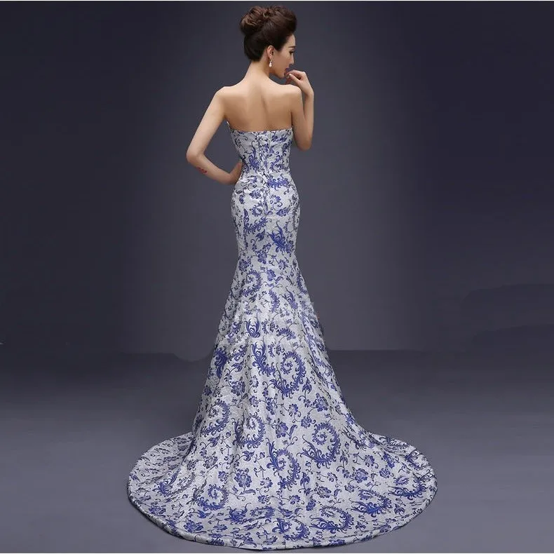 Tube top trailing royal blue fishtail cheongsam wedding dresses brocade long traditional chinese cheongsam wedding dresses (14)
