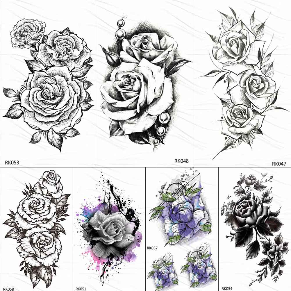 

OMMGO Rose Flower Leaf Temporary Tattoos Sticker Black Camellia Custom Tattoo Pearl Body Art Arm Fake Tatoos Black Women Girl