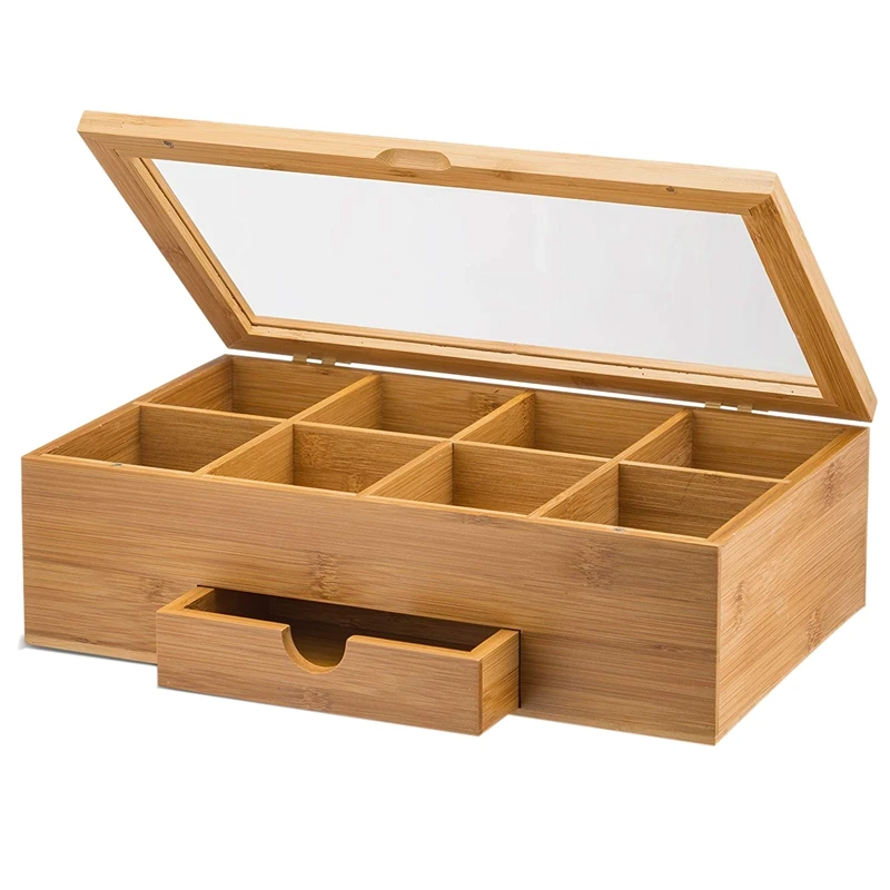 Tea Organizer Bamboo Tea Box with Small Drawer Natural Bamboo Tea Chest- Great Gift Idea