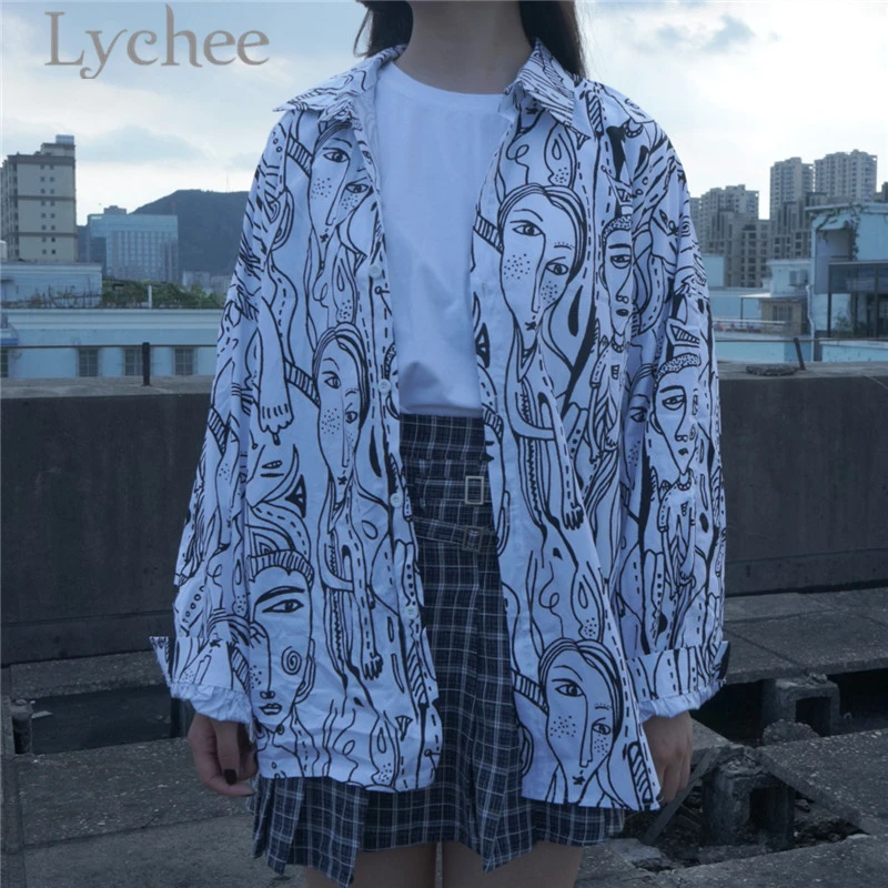 Lychee Harajuku, Женская мультяшная блуза с принтом головы, длинный рукав, отложной воротник, рисунок лица, рубашки, Повседневная Свободная блузка, топы для женщин