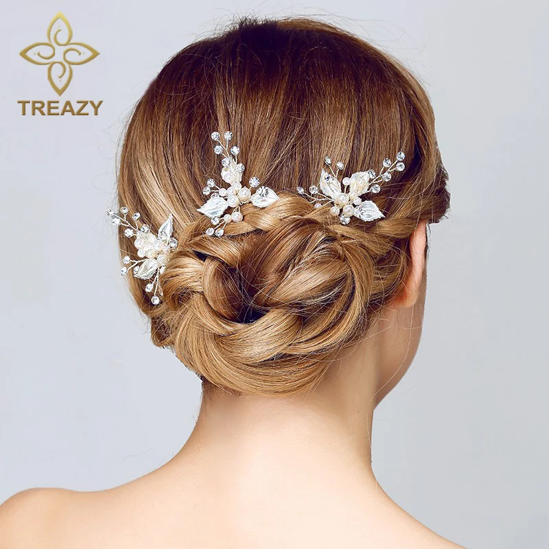 TREAZY Elegant 3 шт./компл. жемчуга и кристаллы для свадьбы свадебные шпильки-листья