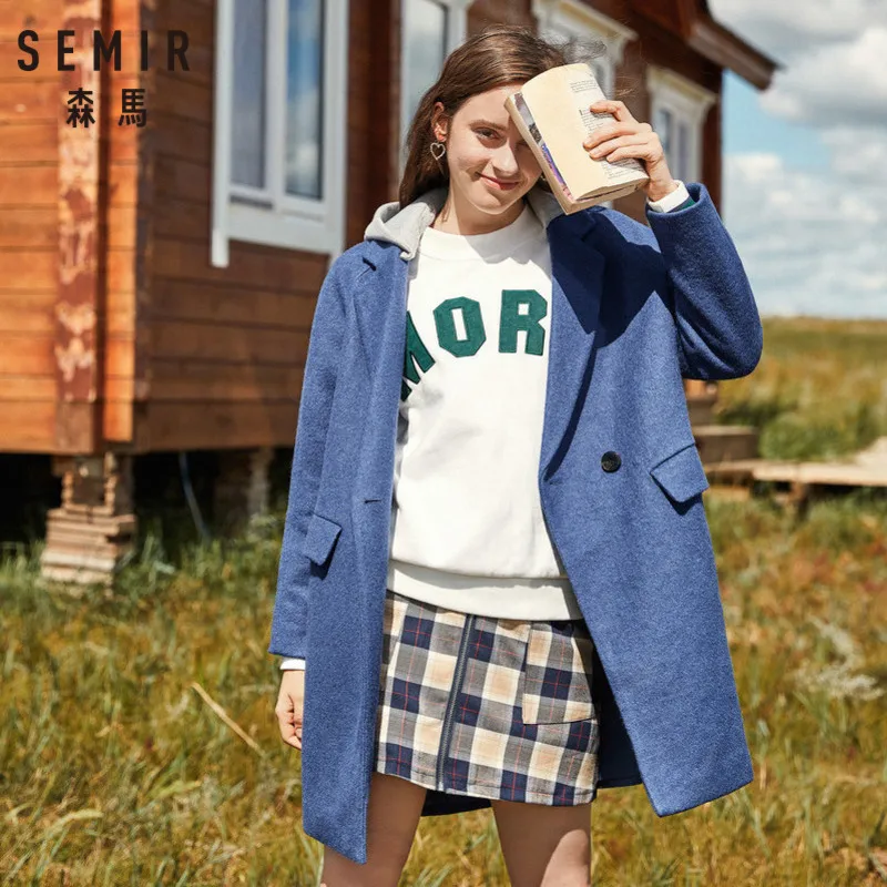 SEMIR Женское шерстяное пальто с контрастным хлопковым капюшоном женское двубортное пальто с капюшоном с карманом на атласной подкладке