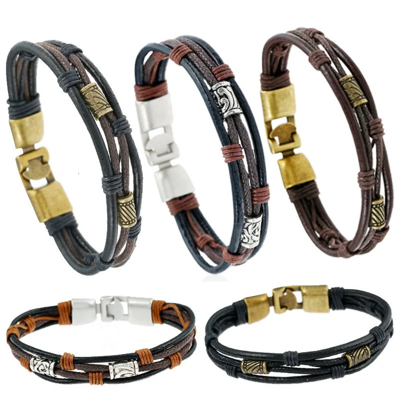 

European Style Layered Leather Bracelet for Men Minimalist Jewelry Fashion Men Bracelet Accessories