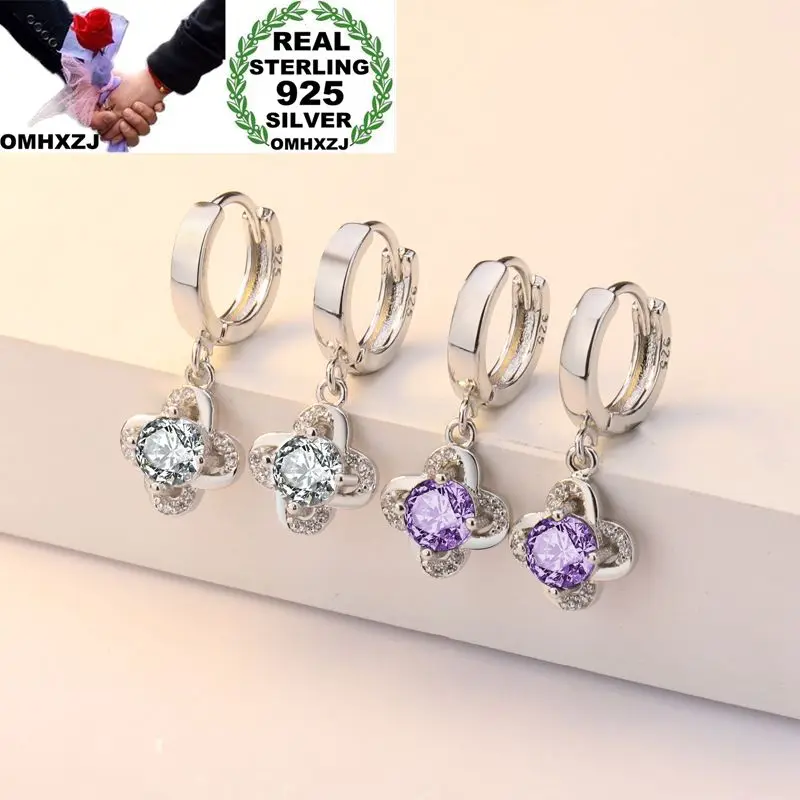 

OMHXZJ Wholesale European Fashion Woman Girl Party Wedding Gift Flower Amethyst Zircon 925 Sterling Silver Drop Earrings EA335