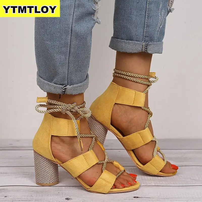 Women Sandals Lace Up Summer Shoes Woman Heels Pointed Fish Mouth Gladiator Pumps Hemp Rope High Knot rope Strap Sexy