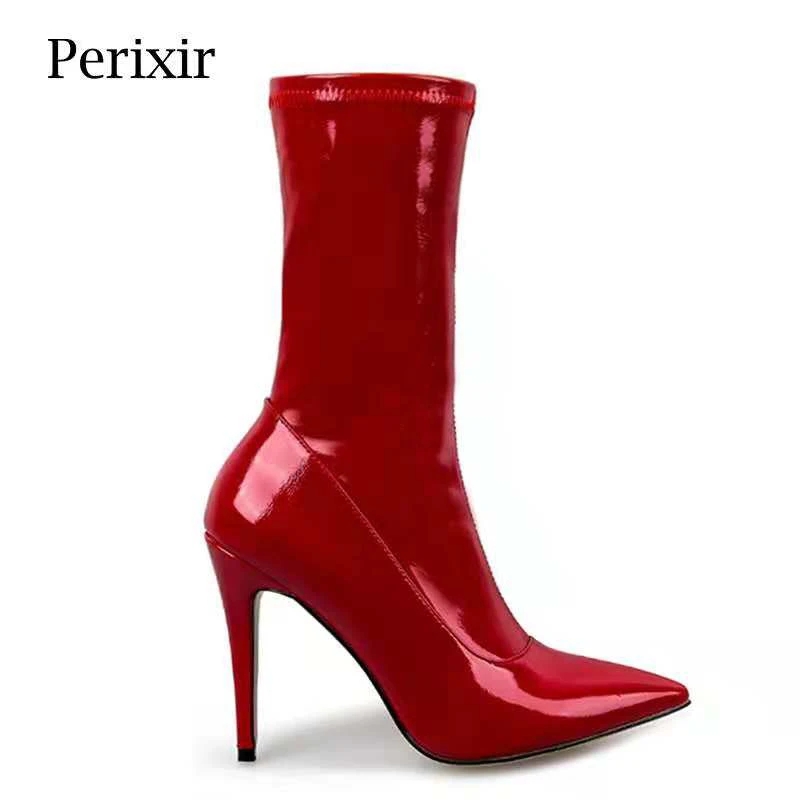 

Perixir 2018 Patent Leather Ankle Boots Pointed Toe Square Heel Solid Rubber Super High Heel Short Boots Shoes Fashion Boots