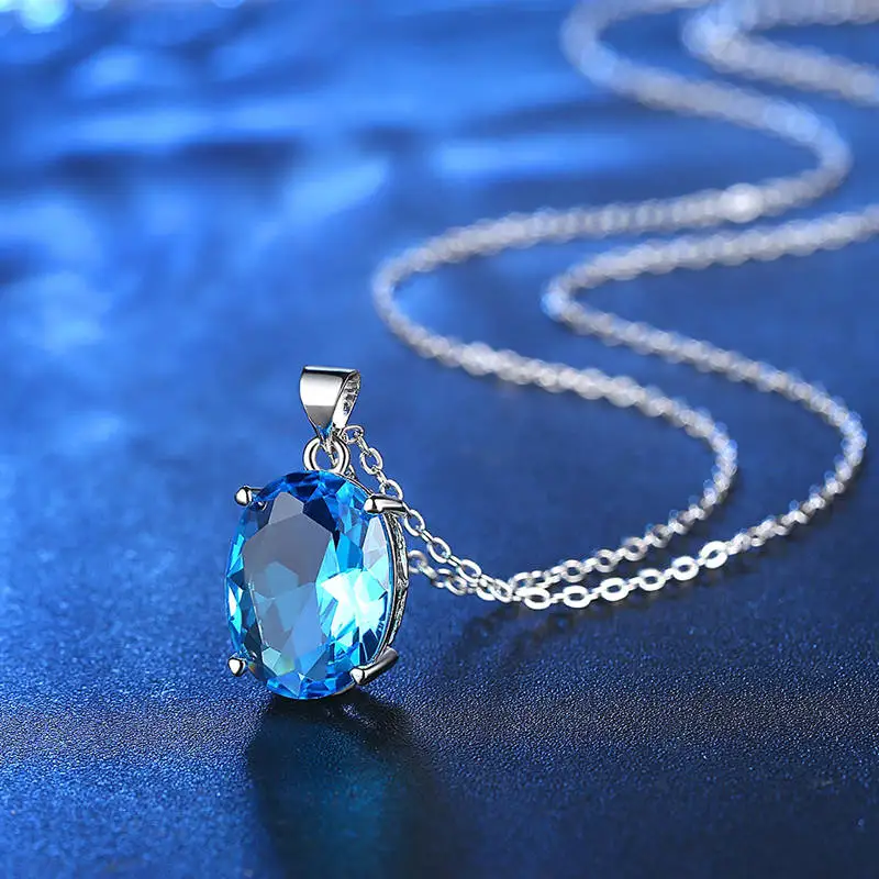 Подвеска в виде большого камня, длинная цепочка, ожерелье для женщин, светильник, синий кристалл, подарок на день Святого Валентина, модное ювелирное изделие, серебро