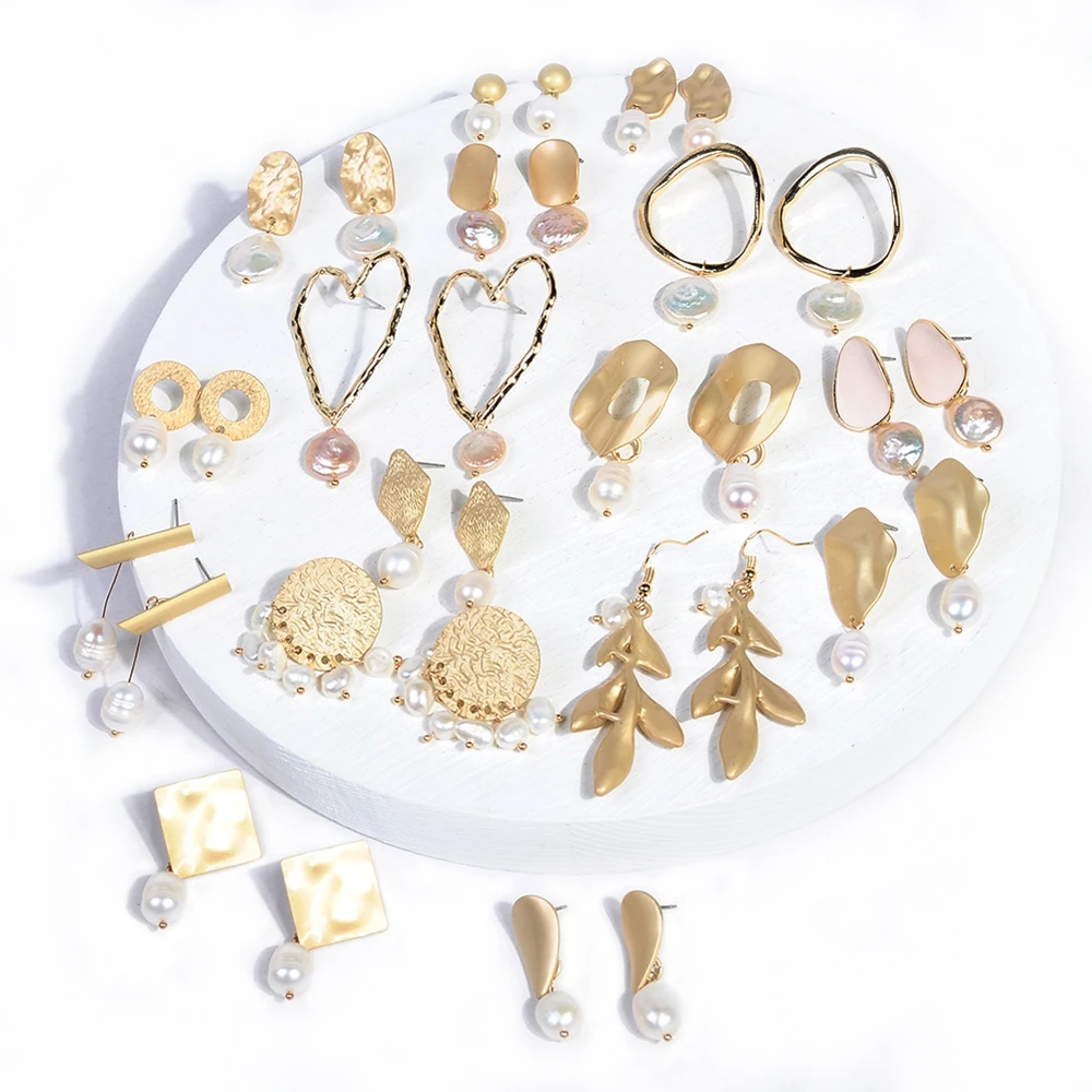 

Korean Vintage Irregular Freshwater Pearl Dangle Earrings For Women Brincos Geometric Drop Earring Set DIY Wedding Party Jewelry
