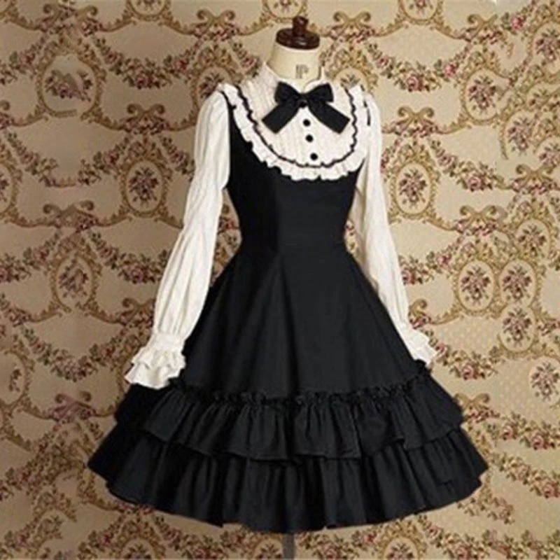 

Women Dress Spring Autumn Clothes Medieval Retro Maid Wear Stage Performance Bow-knot Long Sleeve Dress Vestido