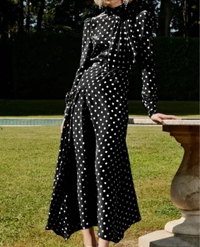 

New 2019 Spring Women's Dots Printed Irregular Dresses Female Retro Ruffles Belt Designer Maxi Long Dress Top Quality Vestidos