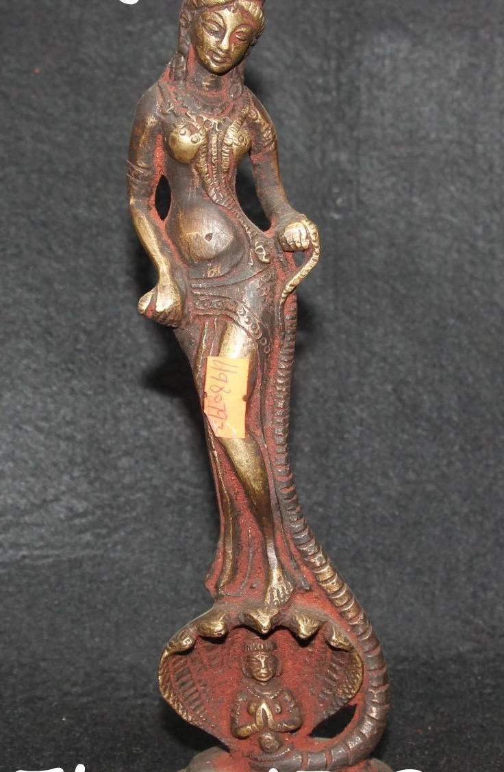 

9" Old Bronze Belle Girl 5-Heads Snake Sakyamuni Amitabha Buddha Antique Statue