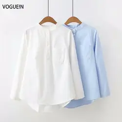 VOGUEIN новые женские Девушки Твердые карман с длинным рукавом синий белая блузка рубашка Топ Оптовая