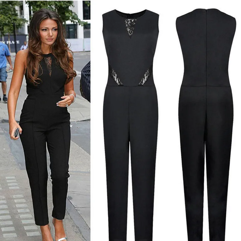 

Summer Solid Color Women's Jumpsuit Office Lady Style Sexy Lace Cutout Slim Stretch Round Neck Sleeveless Straight Type Jumpsuit