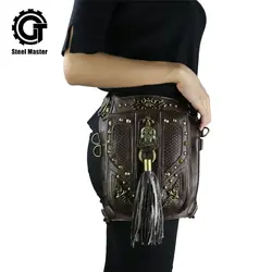 Стимпанк череп Waistbag Для женщин Готический Ленточки кожаные сумки ноги коричневый сумка через плечо Мода 2017 г. чехол для телефона держатель