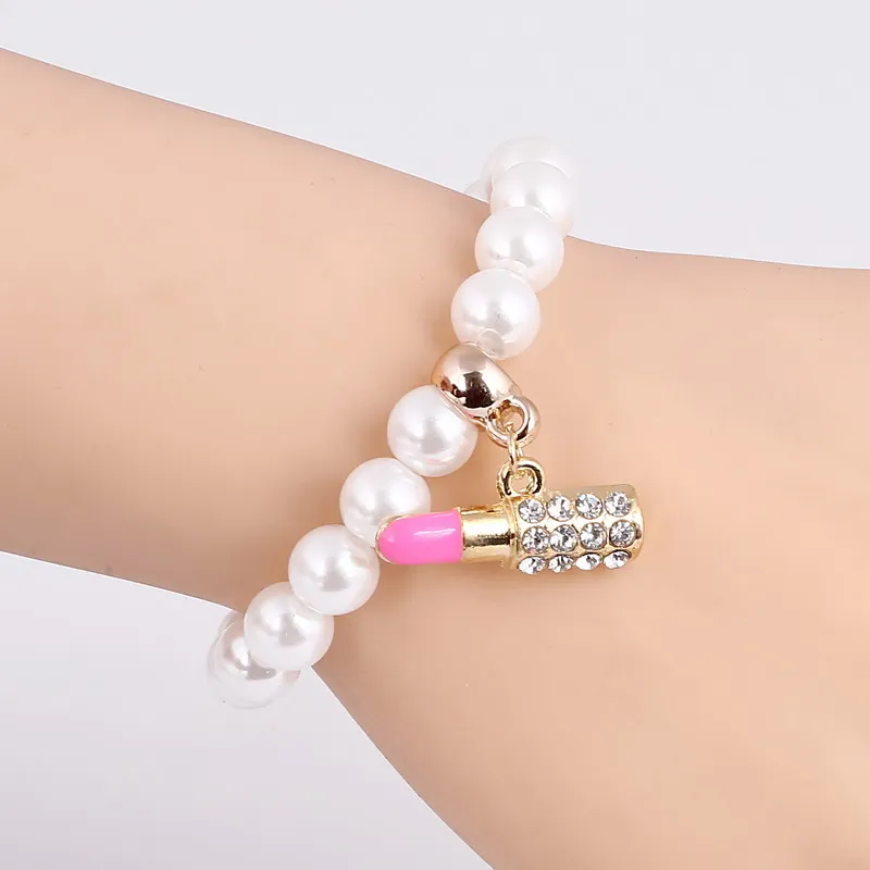 Fashion Jewelry Imitation Pearls bead Pink Lip Stick Charm Pendant Bracelet For women Crystal jewelry