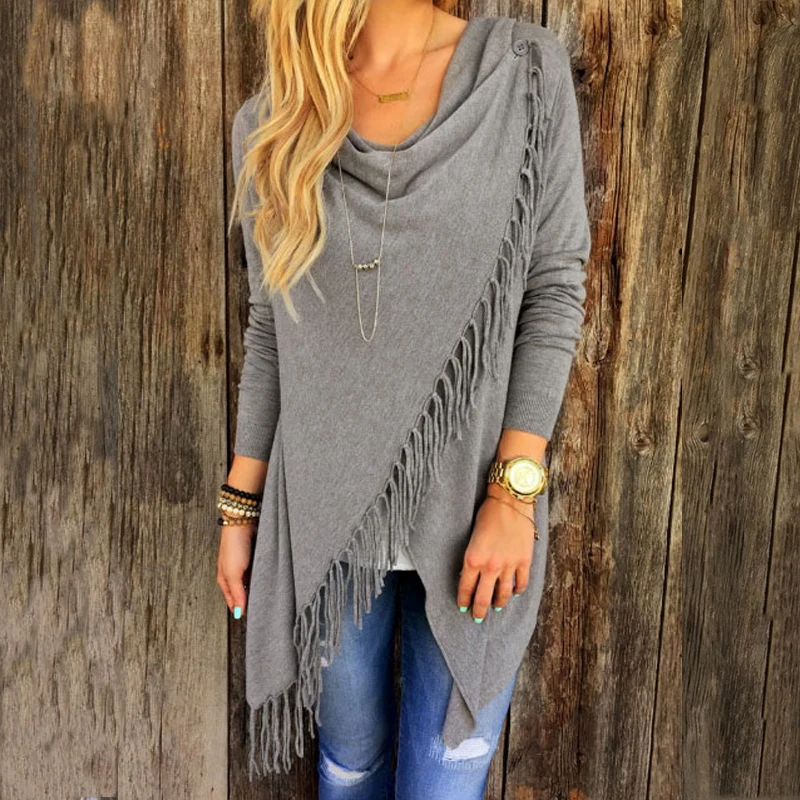Chulianyouhuo Autumn Cardigans Tops Women Casual Loose Long Sleeve Irregular Hem Tassel Cardigan Cape Poncho Plus Size S-3XL Bts |