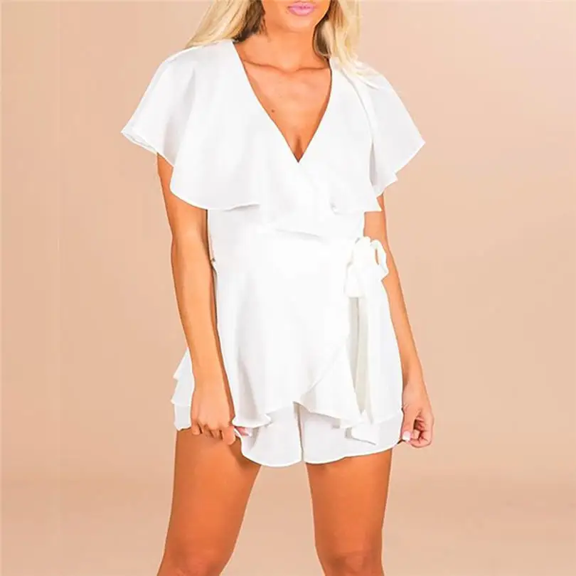 Plus Size New Women Summer Fashion Casual Daily Sexy Halter V-neck Lady Elegant Ruffled Lace Slim Jumpsuit #4A19  (1)