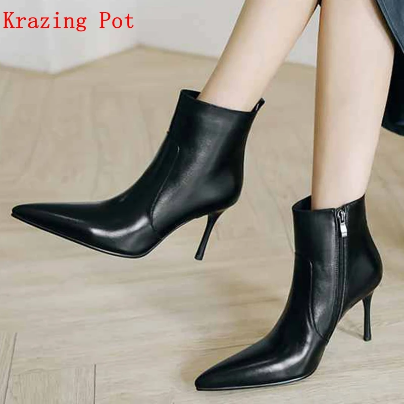 

Krazing Pot full grain leather extreme high heel basic oriental boots pointed toe European designer plus size ankle boots L75