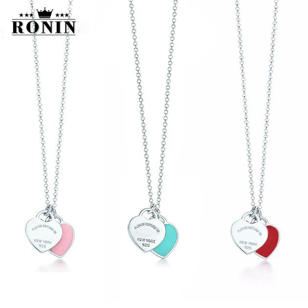 

RONIN 100% Sterling Silver Height Quality 1:1 Fashion Have Logo TIFF Double Heart Tag Pendant Necklace Women's Jewelry Free Mail