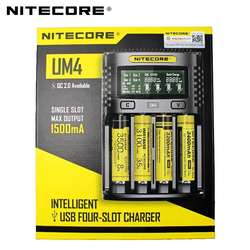 

100%Original NITECOR UM4 UM2 LCD USB QC Smart Battery Charger for Li-ion IMR INR ICR LiFePO4 18650 14500 26650 AA 3.7V 1.2V 1.5V