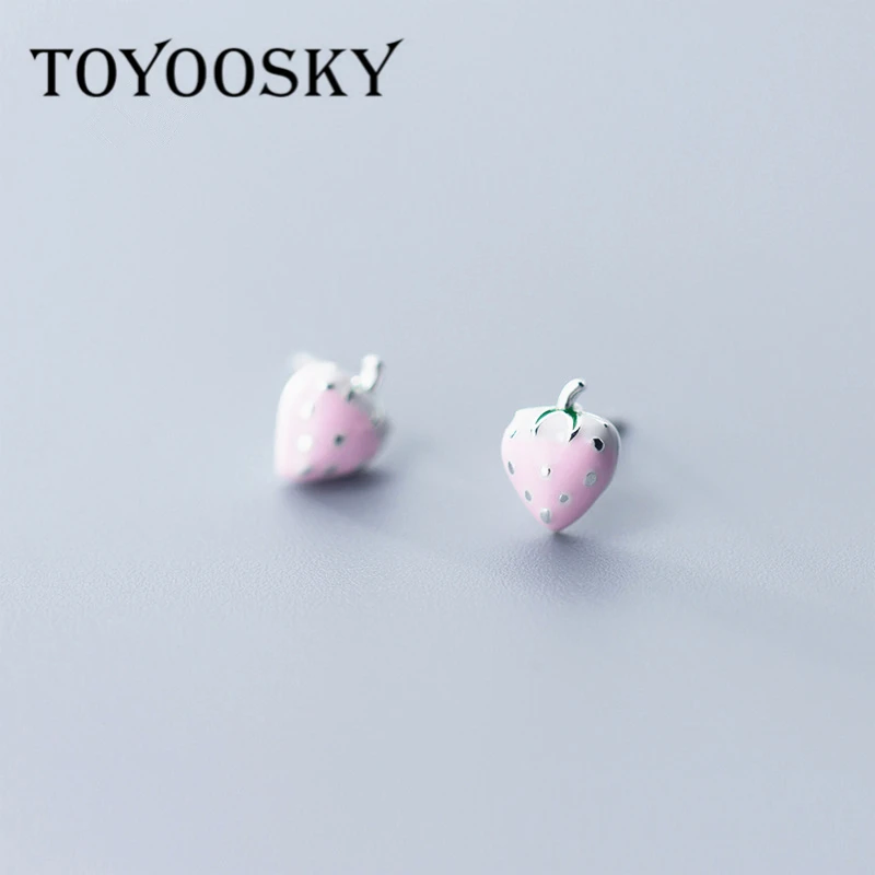 

100% 925 Sterling Silver Fashion Cute Tiny Pink Sweet Little Strawberry Stud Earrings Gift For Girls Kids Lady