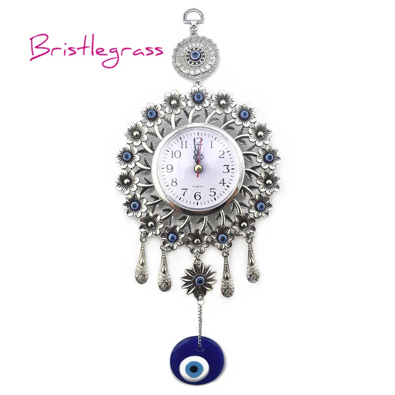 

BRISTLEGRASS Turkish Blue Evil Eye Quartz Wall Clock Flower Hanging Pendants Amulets Lucky Charms Blessing Protection Home Decor