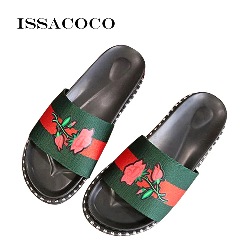 ISSACOCO Women'S Summer Flat Rubber Sole Print Flower Slippers Women ...