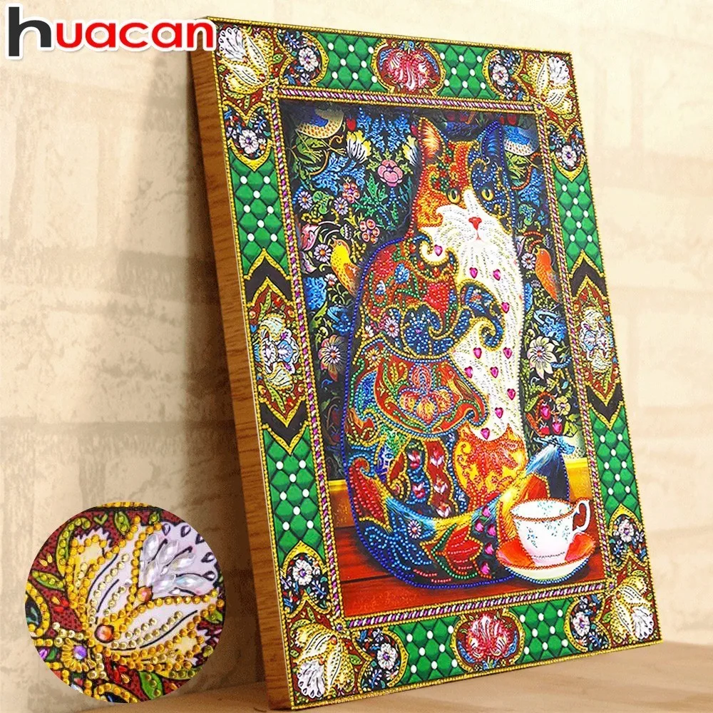 Online Huacan especial en forma de diamante pintura Animal de diamantes de imitación 5D DIY ronda parcial de diamantes bordado gato 40x50cm