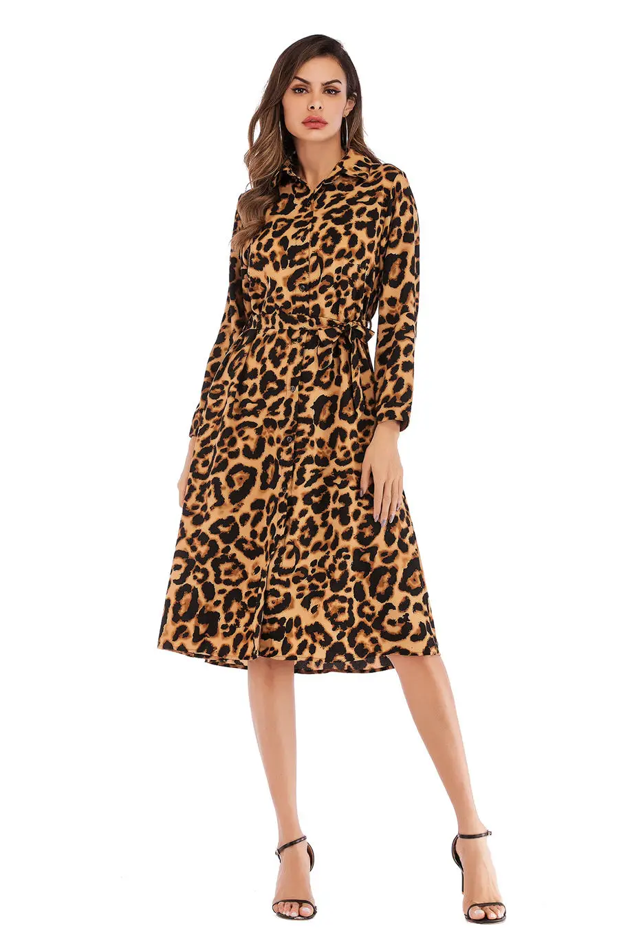 Gladiolus Chiffon Spring Dress Women 34 Sleeve Turn-Down Collar Leopard Print Belt Women Shirt Dress 2019 Autumn Sexy Dresses (18)