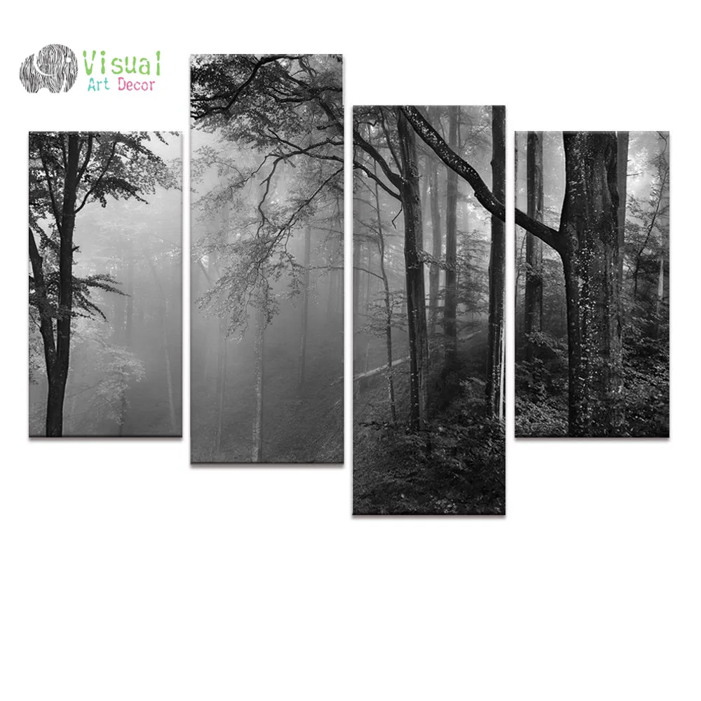 Forest Canvas Wall Art Fancy Foggy Forest Landscape Canvas Prints Home Decor 4 Panels Tree