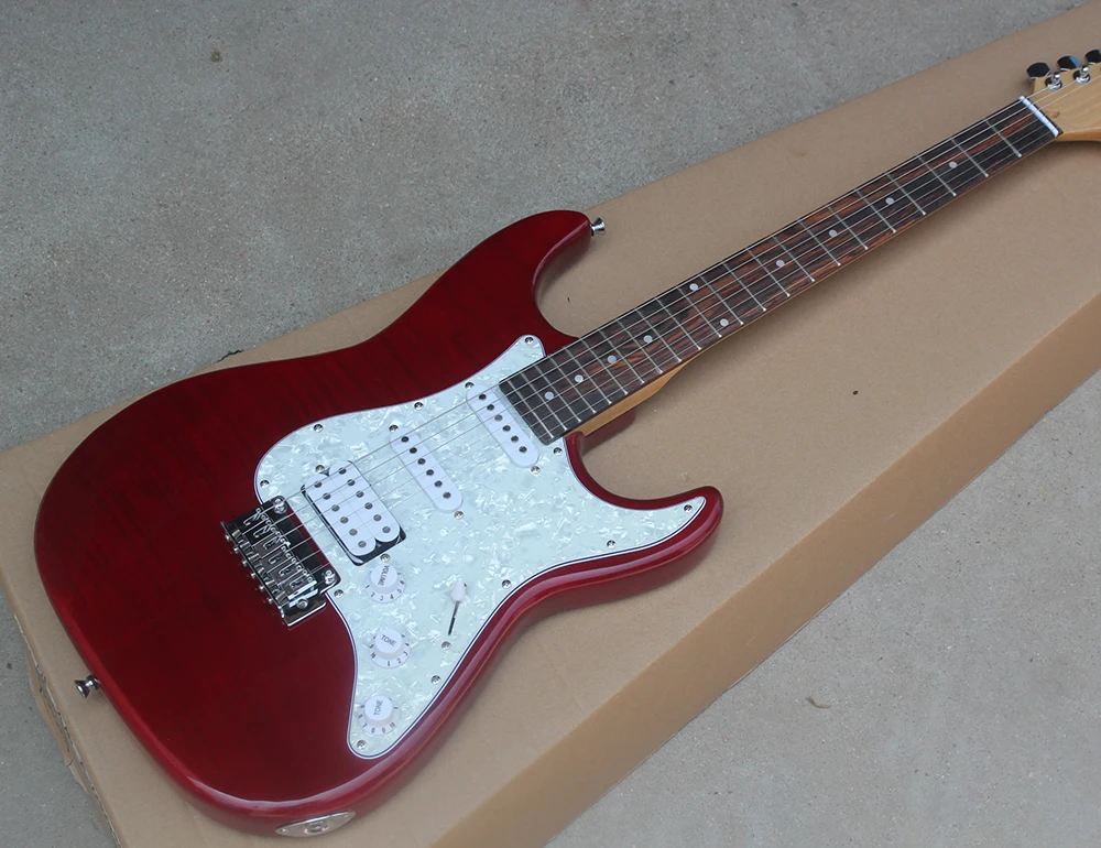 

Factory Custom Red Electric Guitar with Flame Maple Veneer,SSH Pickups,White Pearl Pickguard,Chrome Hardwares,Offer Customized