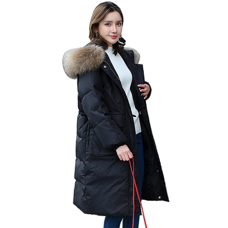 

2018 Winter Long Down Jacket Plus Size Women Big Fur Collar Hooded White Duck Down Long Parkas Coat Female Slim Snow Outerwear