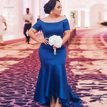 Королевский синий размера плюс Выпускные платья с Короткие рукава Русалка Вечерние платья для женщин официальная одежда Высокая Низкая свадебные платья